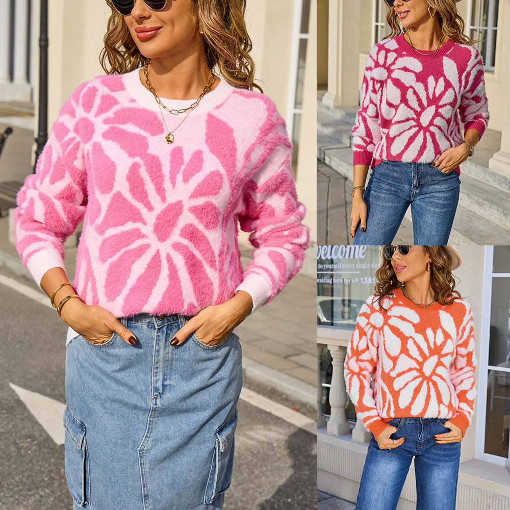 Women's Furry Flower Round Neck Warm Sweater