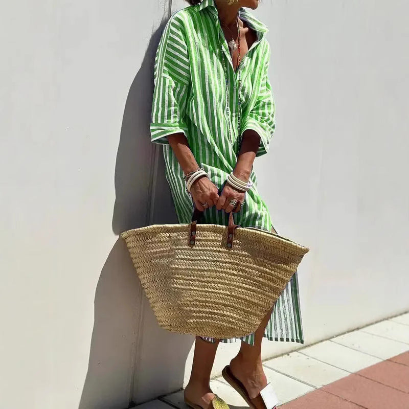 Women's Half Sleeve Striped Lapel Shirt Mid-length Dress