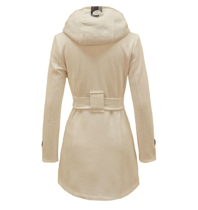 Women's Trench Woolen Plaid Hoodie Elegant Double-breasted Coats