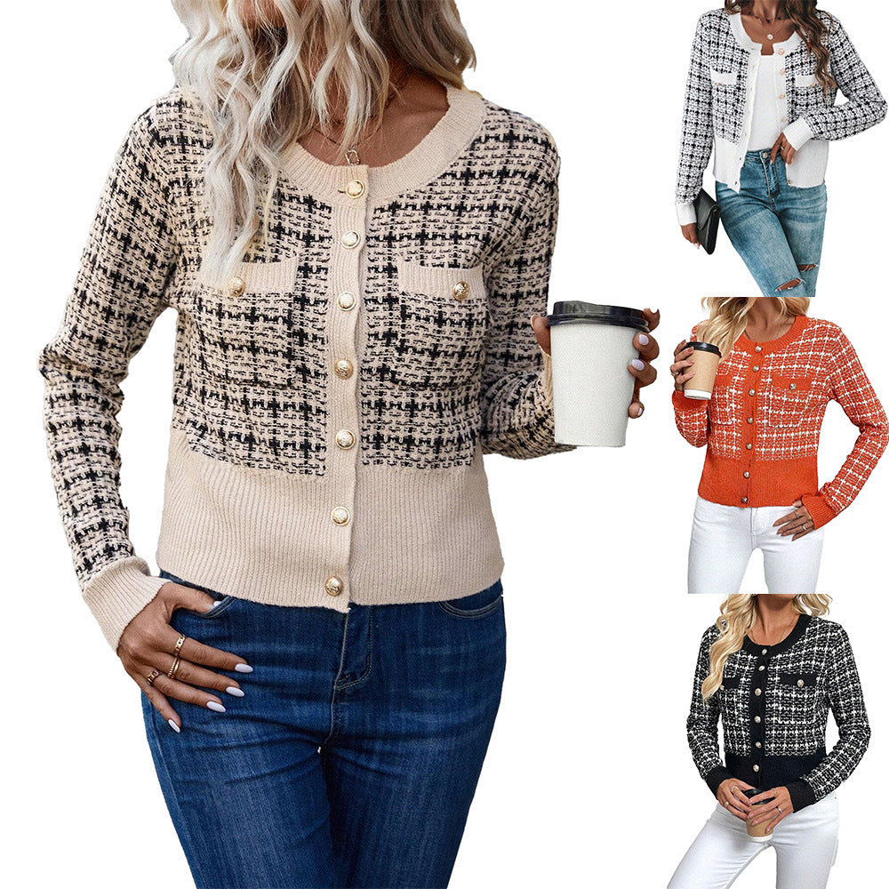 Trendy Fashion Classic Plaid Front Button Women's Sweater