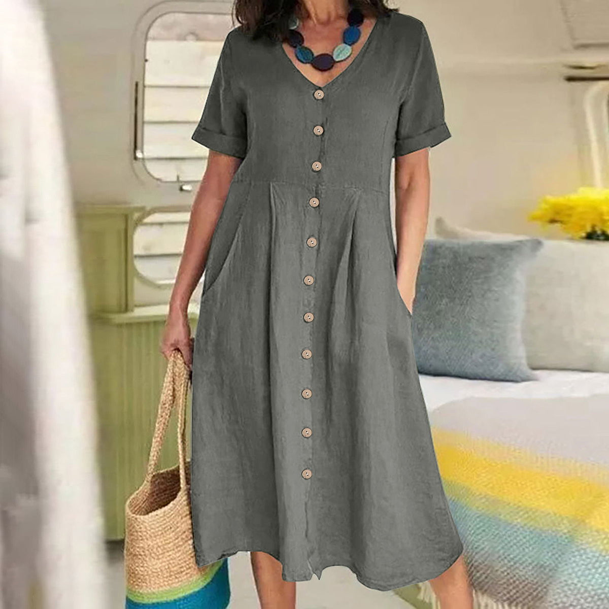 Solid Color Loose High Waist Cotton Dress