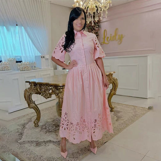 Personalized Embroidered Retro Long Dress Summer Lapel Half Sleeve Dresses