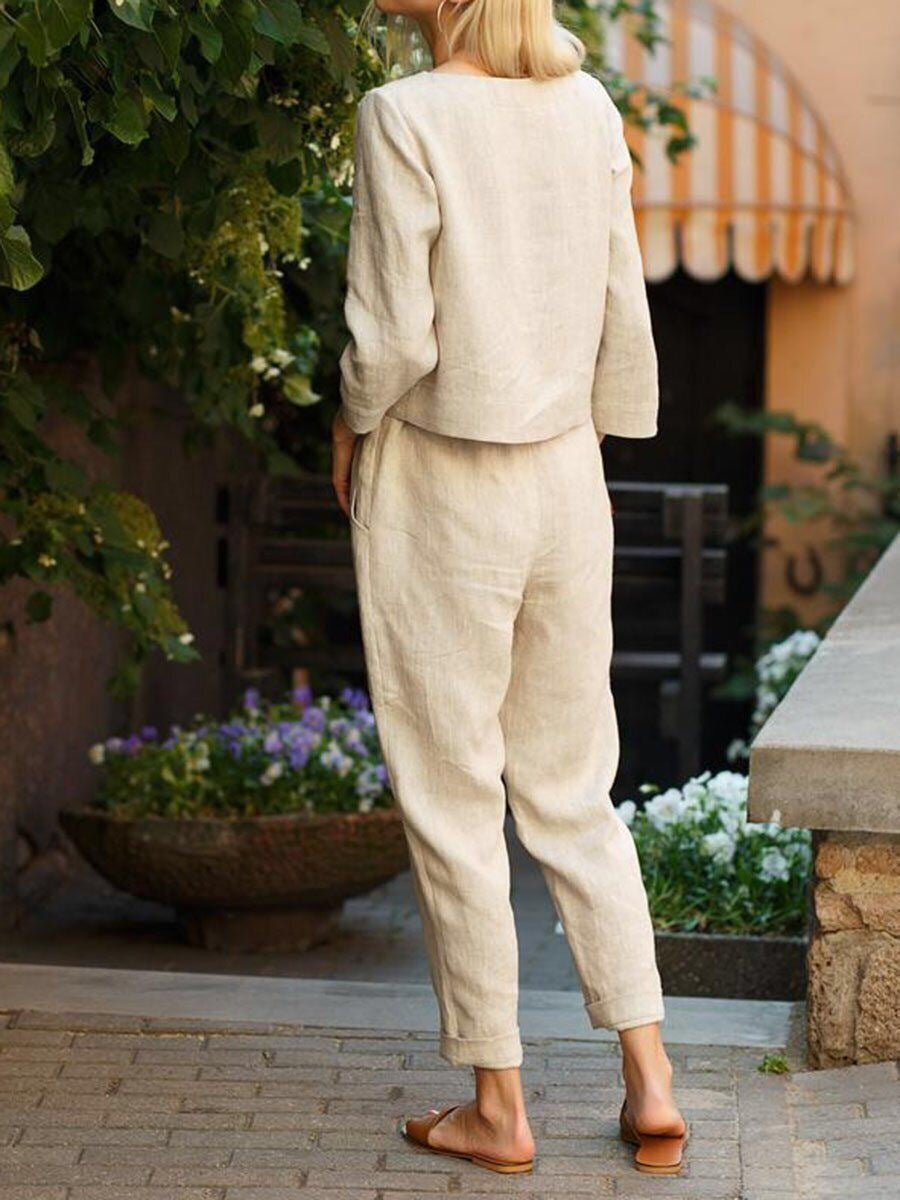 Women's Elastic Waistband Long-sleeved Trousers Solid Color Fashion Casual Suit