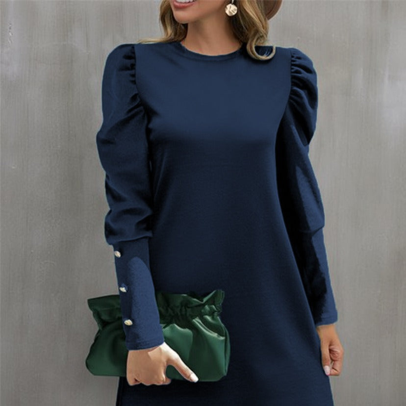 Women's Solid Color Round Neck Bubble Long Dress