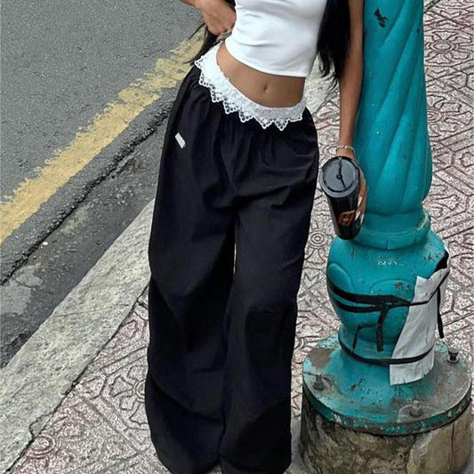 Contrast Color Waist Overalls Thin Wide Pants