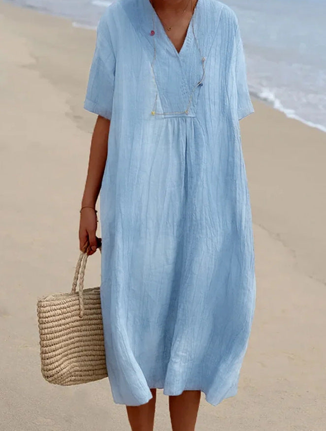 Women's Versatile Casual Solid Color Cotton Linen Dress