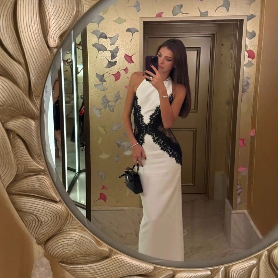 Women's Sexy Halter Patchwork Long Dress Backless Dresses