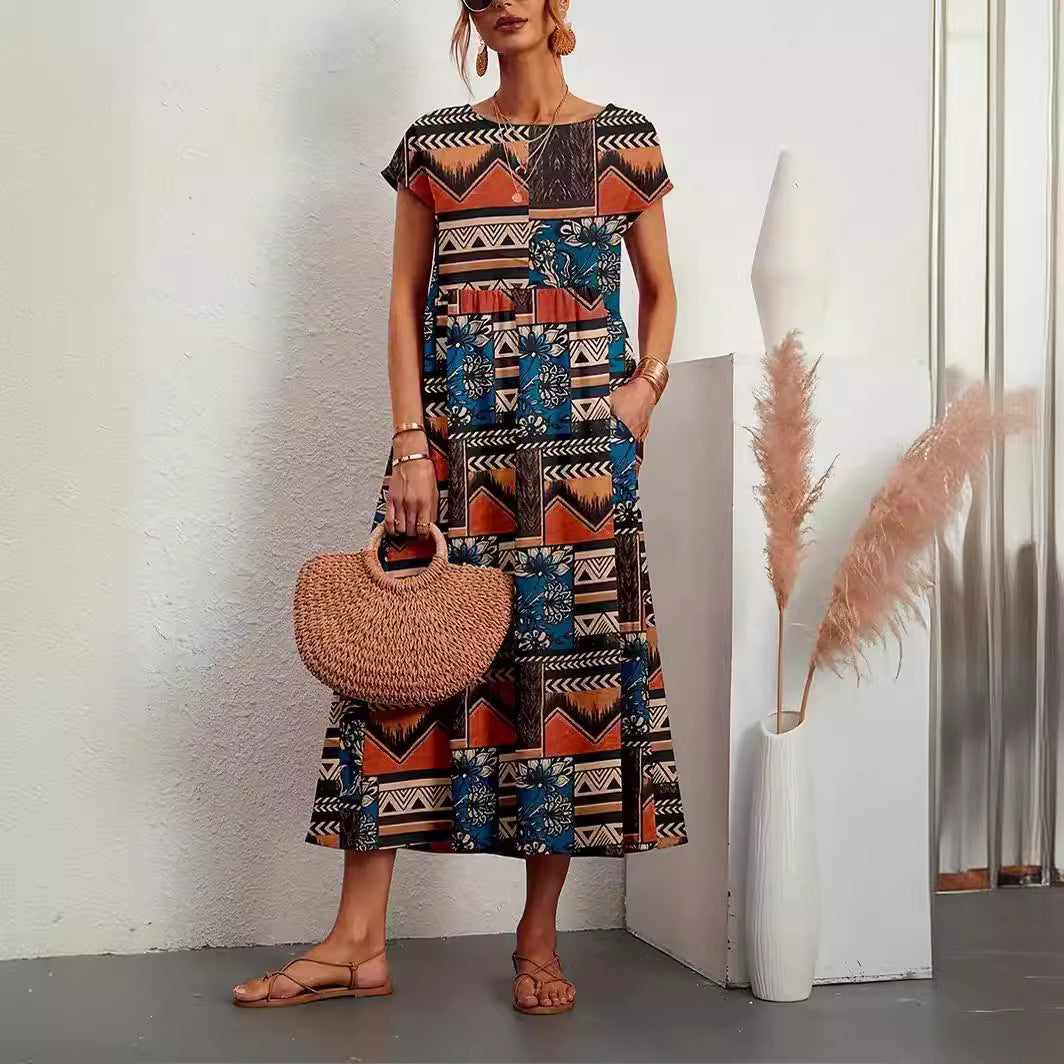 Women's Cotton Linen Sleeveless Round Neck Printed Dresses