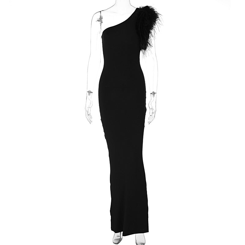 Women's Noble Solid Color Shoulder Stitching Feather Slim Dresses