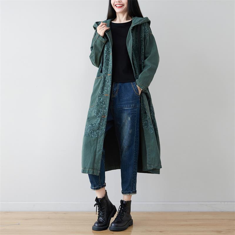 Women's Hooded Diamond Flower Long Denim Single-breasted Coats