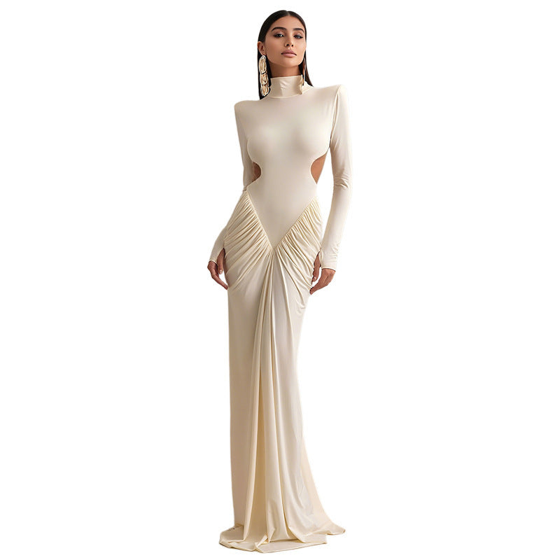 Women's Color Turtleneck Long Sleeve Pleated Backless Slim Dress