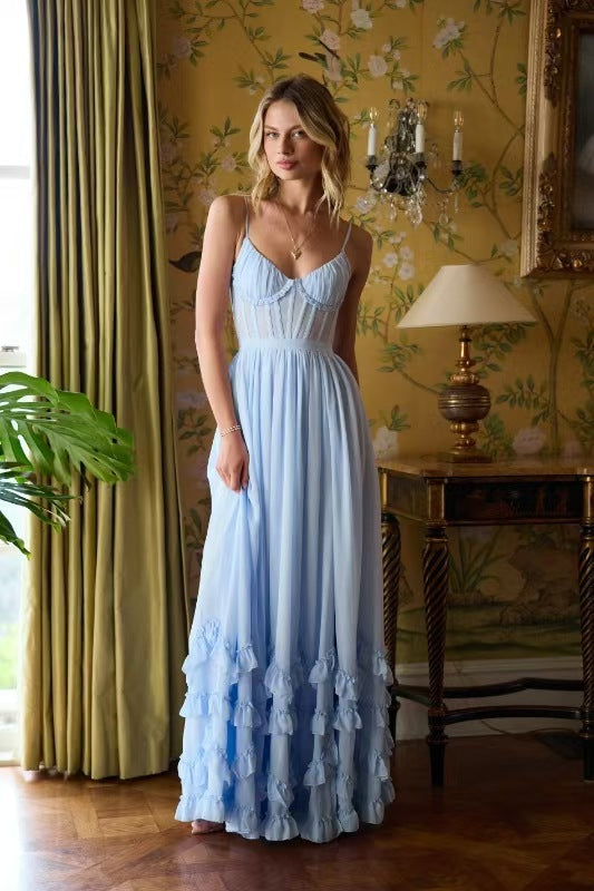 Summer Wrapped Chest Fishbone Solid Color Dresses