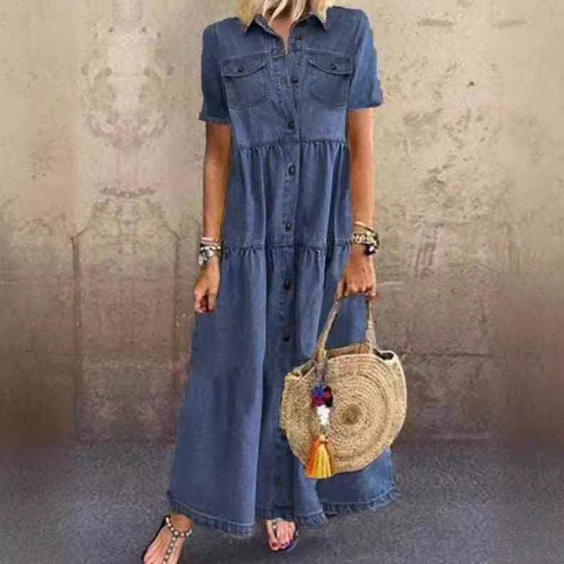 Slouchy Classic Denim Style Long Distressed Dress