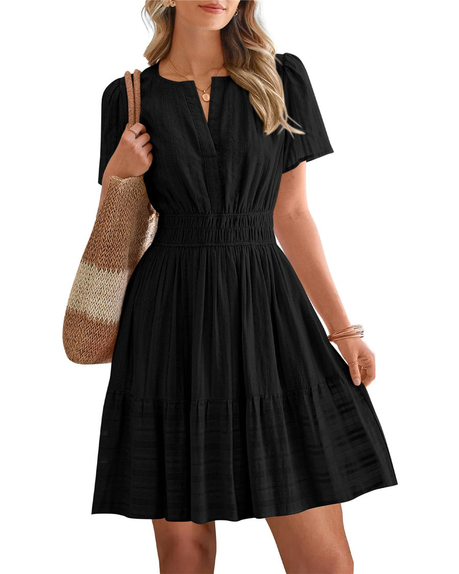 Women's Collar Pleating Puff Sleeve Large Swing Dress