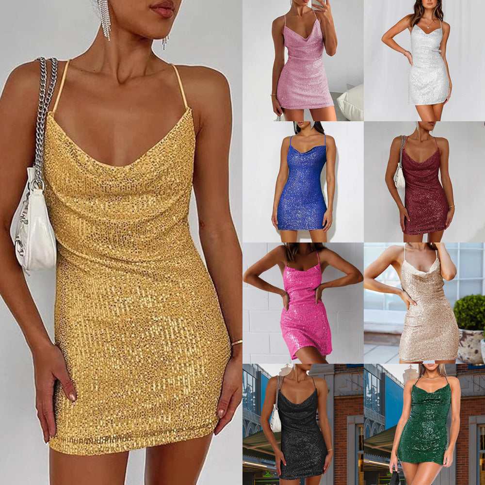 American Sexy Hot Sequin Hip Backless Dress
