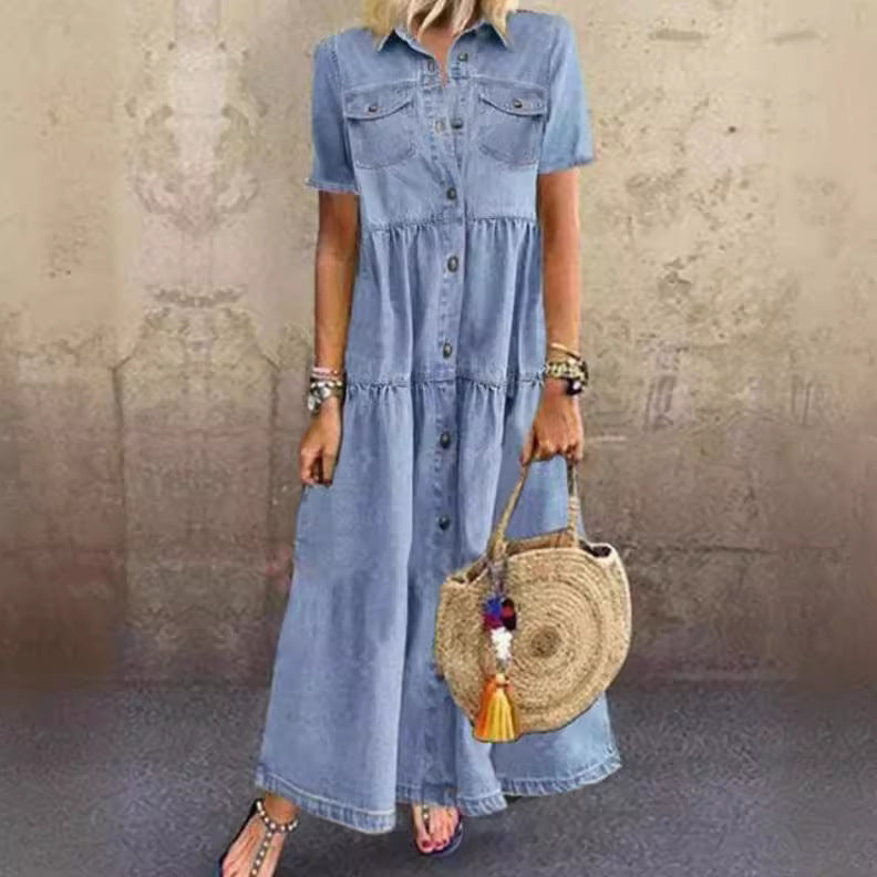 Slouchy Classic Denim Style Long Distressed Dress