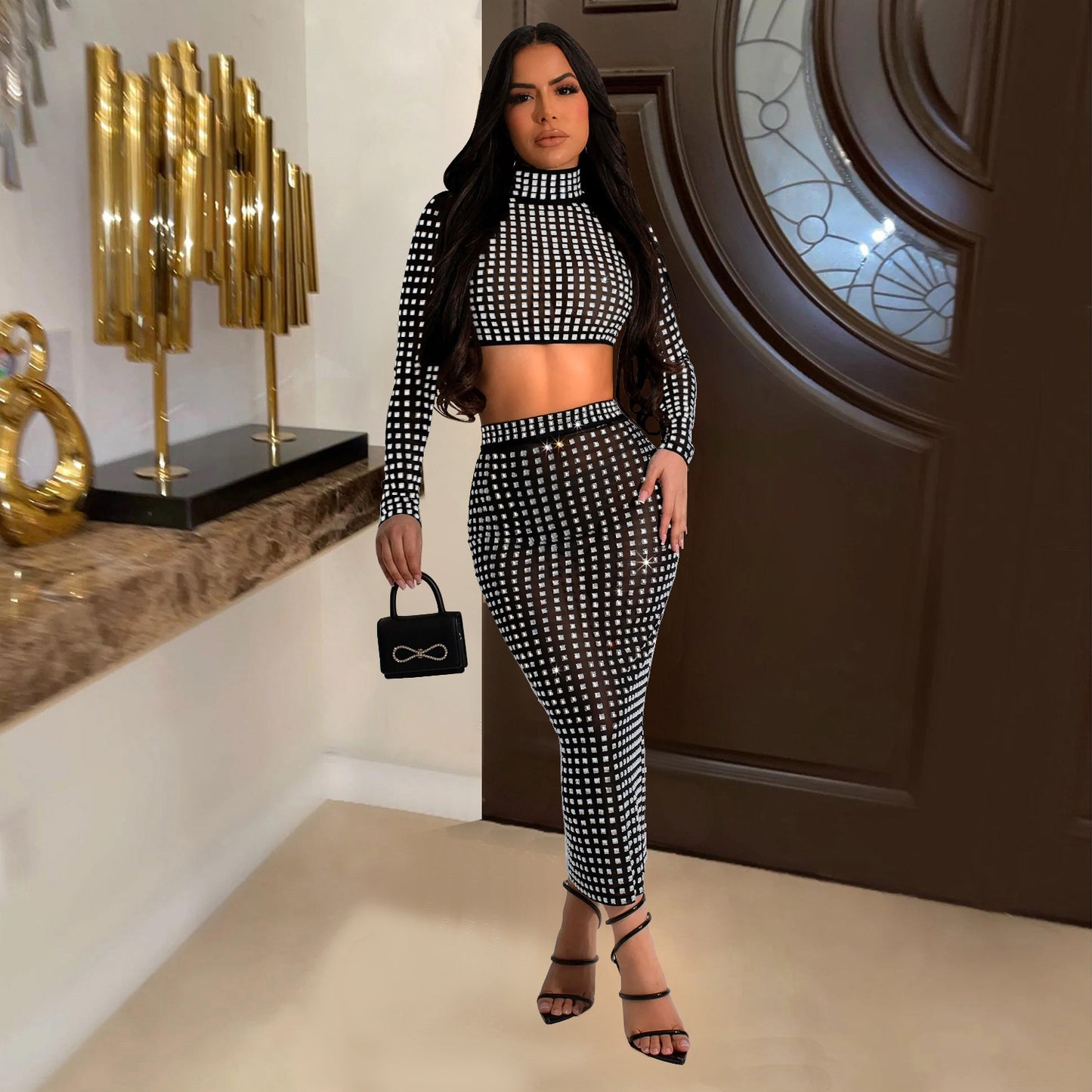 Women's Wear Solid Color Rhinestone Mesh Two-piece Dresses
