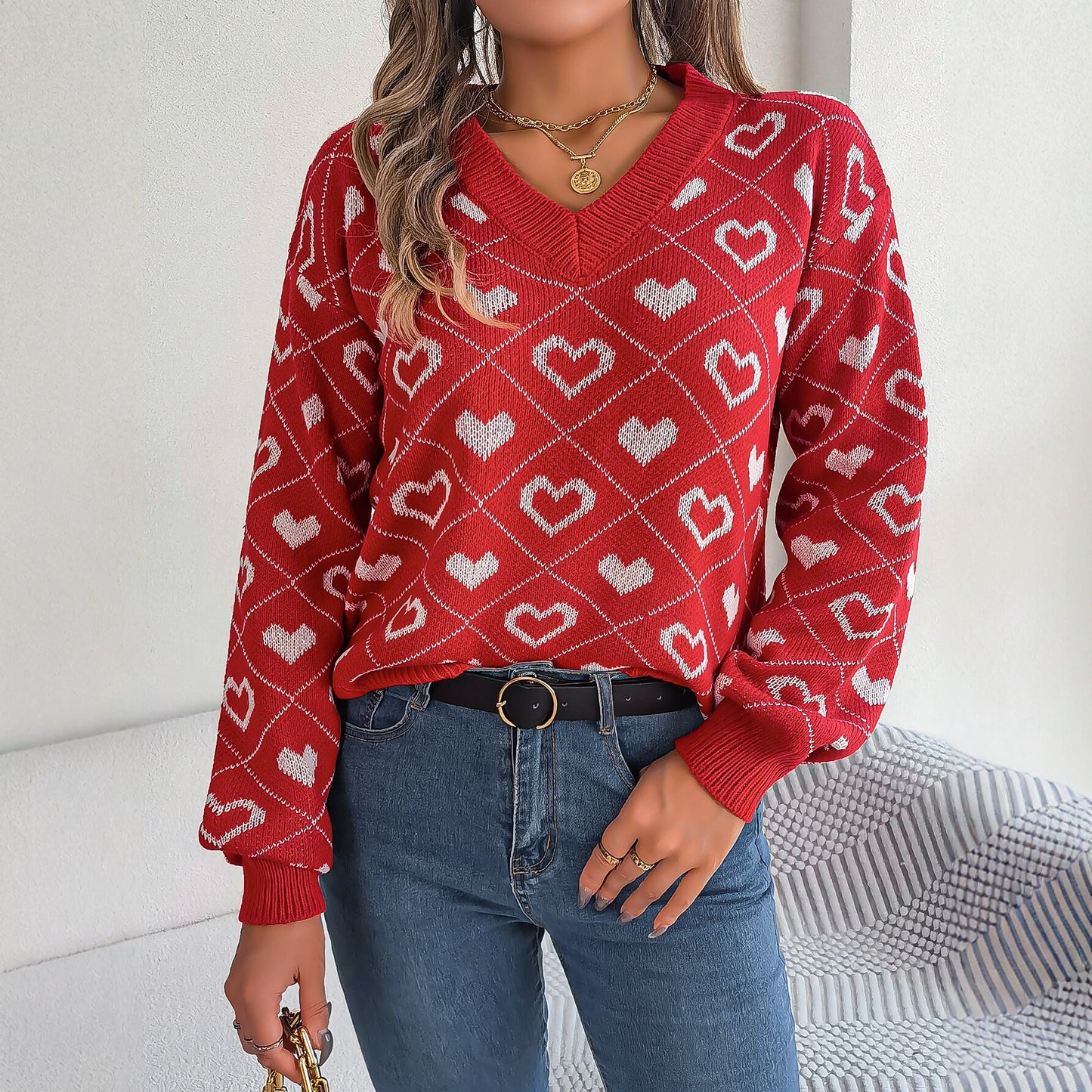 Women's Clearance Sweet Contrast Color Love Heart Lantern Sleeve Sweaters