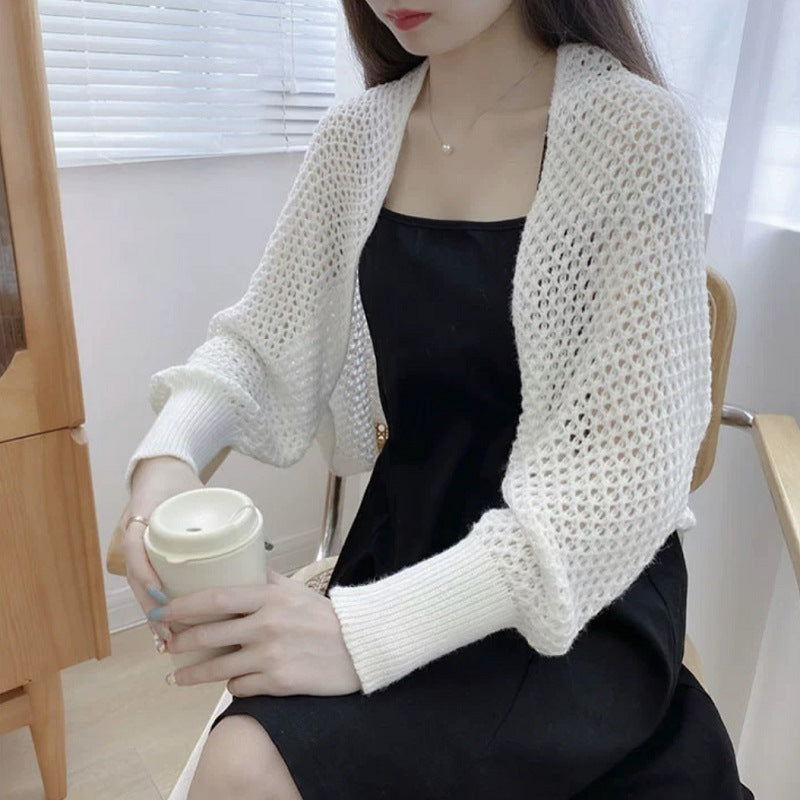 Women's Summer High-grade Long-sleeved Thin Hollow Knitted Small Blouses