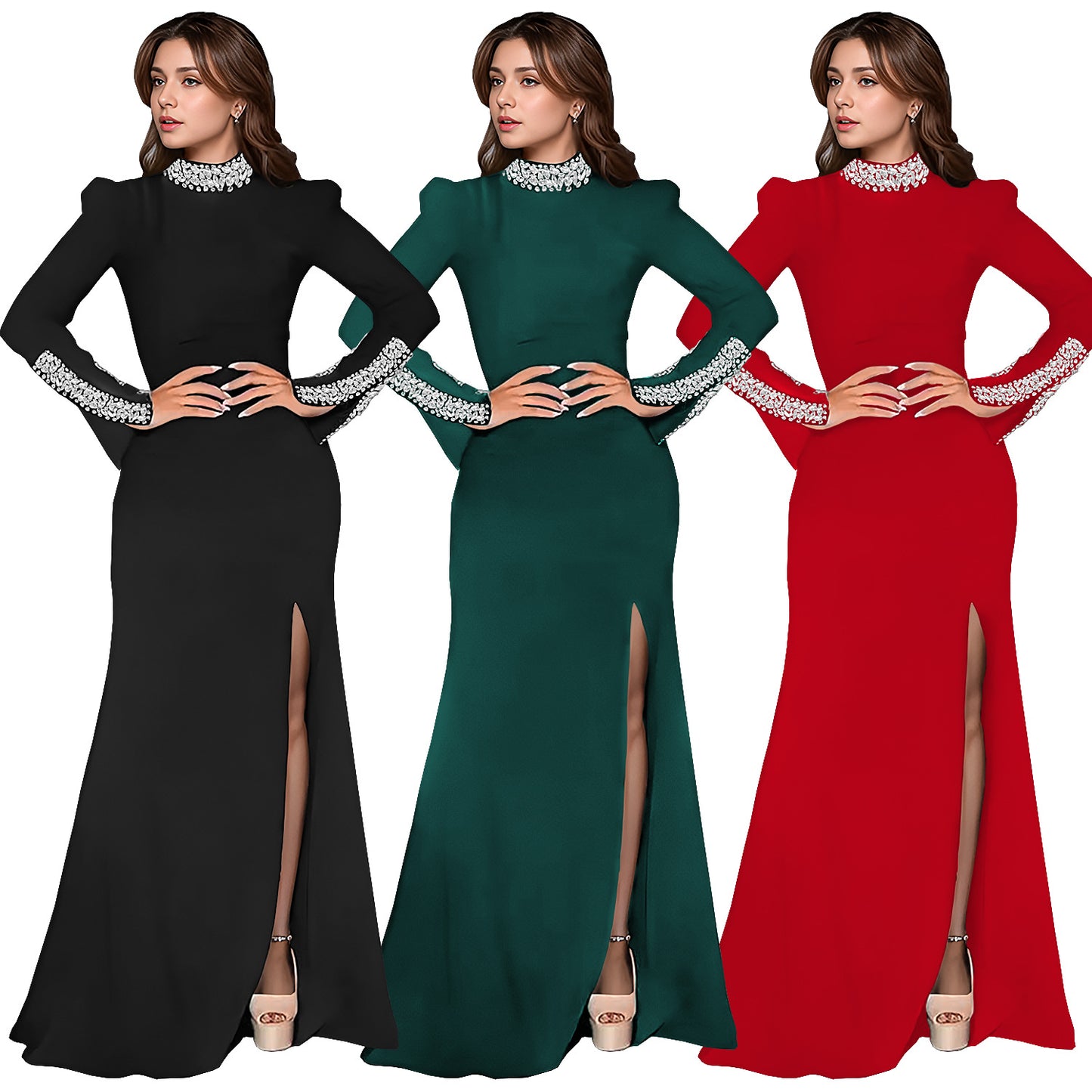 Women's Wear Solid Color Long Sleeve Rhinestone Dresses
