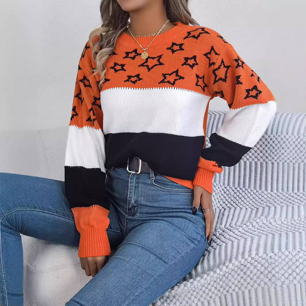 Women's Clearance Casual Contrast Color Star Hollow Sweater
