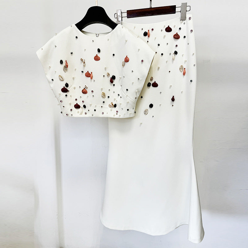 Shell Beads Rhinestones Fishtail Mid-length Dress Fashion Casual Suit