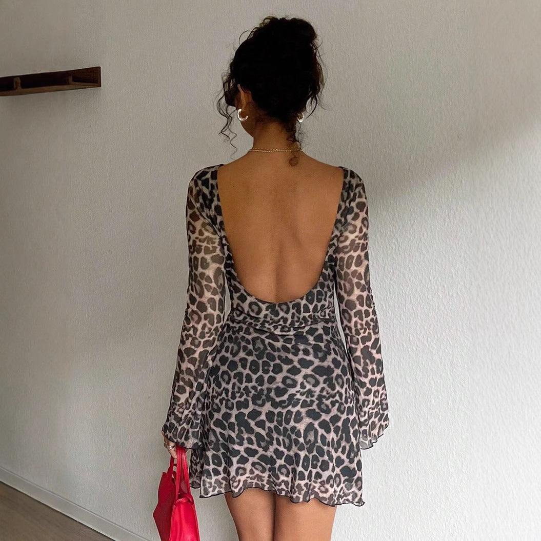 Sexy Backless Leopard Print Long Sleeve Dress