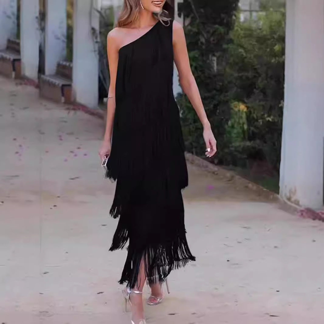 Trendy Fashion Tassel Shoulder Asymmetric Dress Dresses