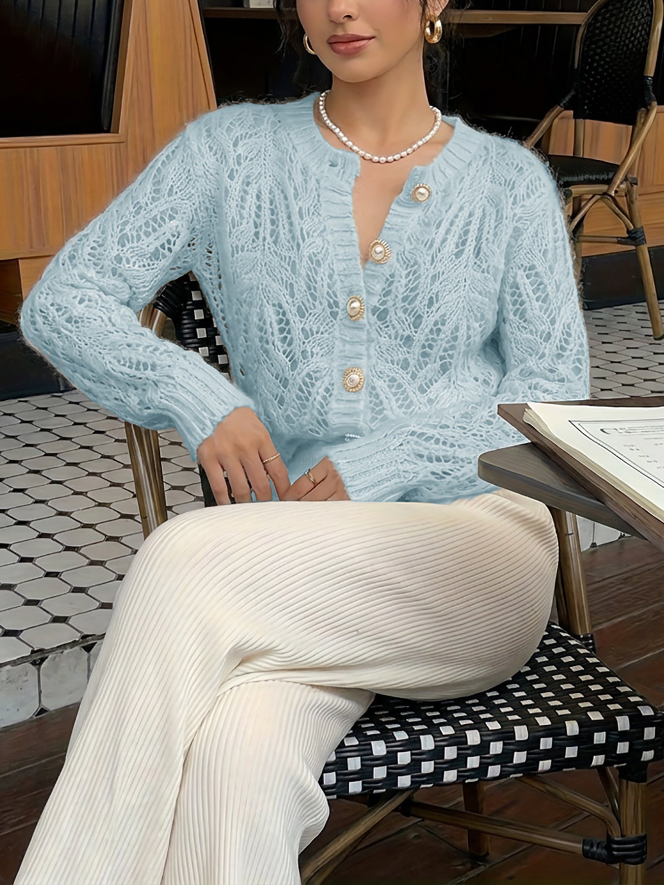 Women's Neck Pearl Buckle Design Solid Color Long Sleeve Slim Fit Women's Sweater