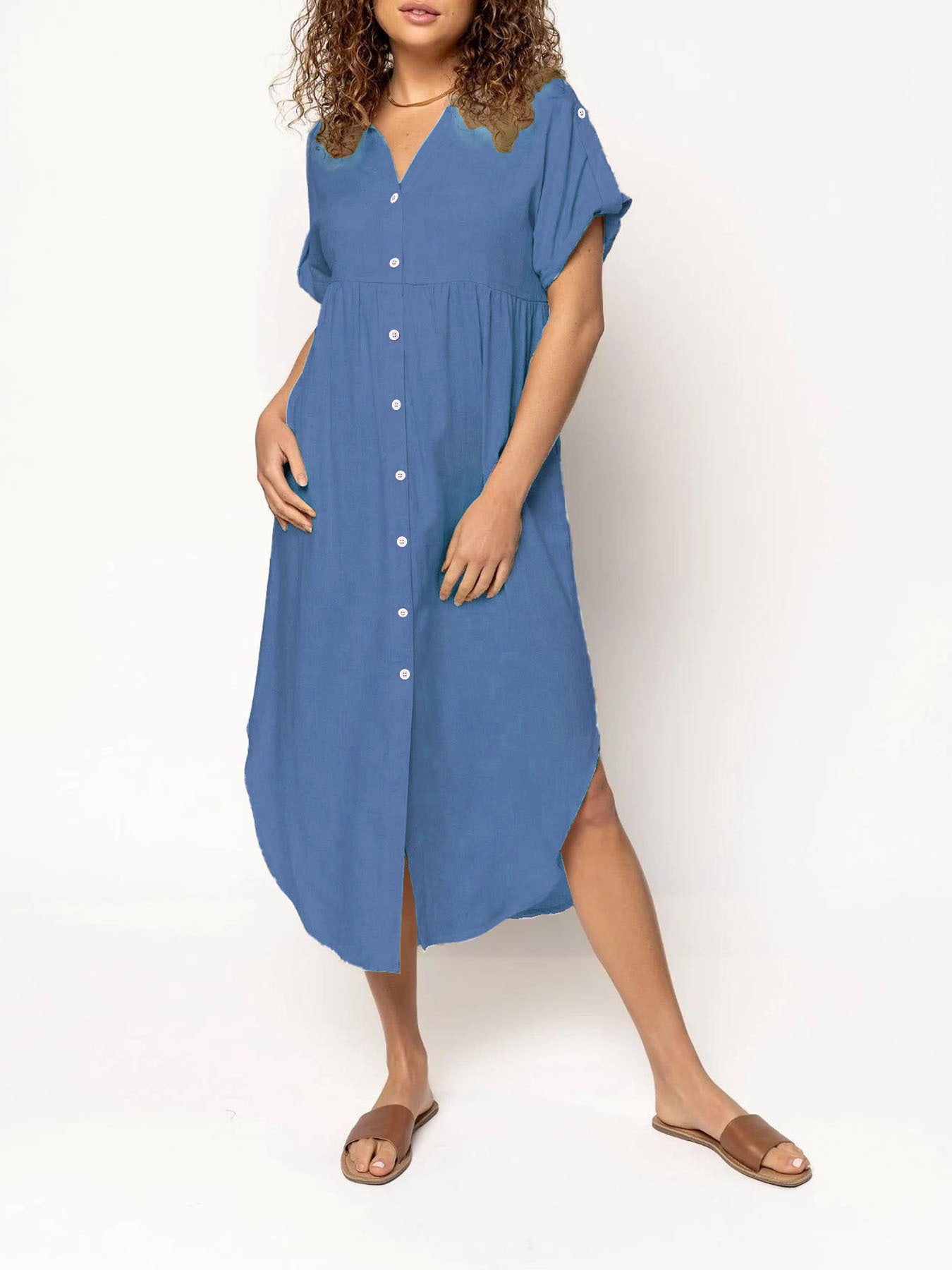 Loose Temperament Casual Solid Color Buttons Dress