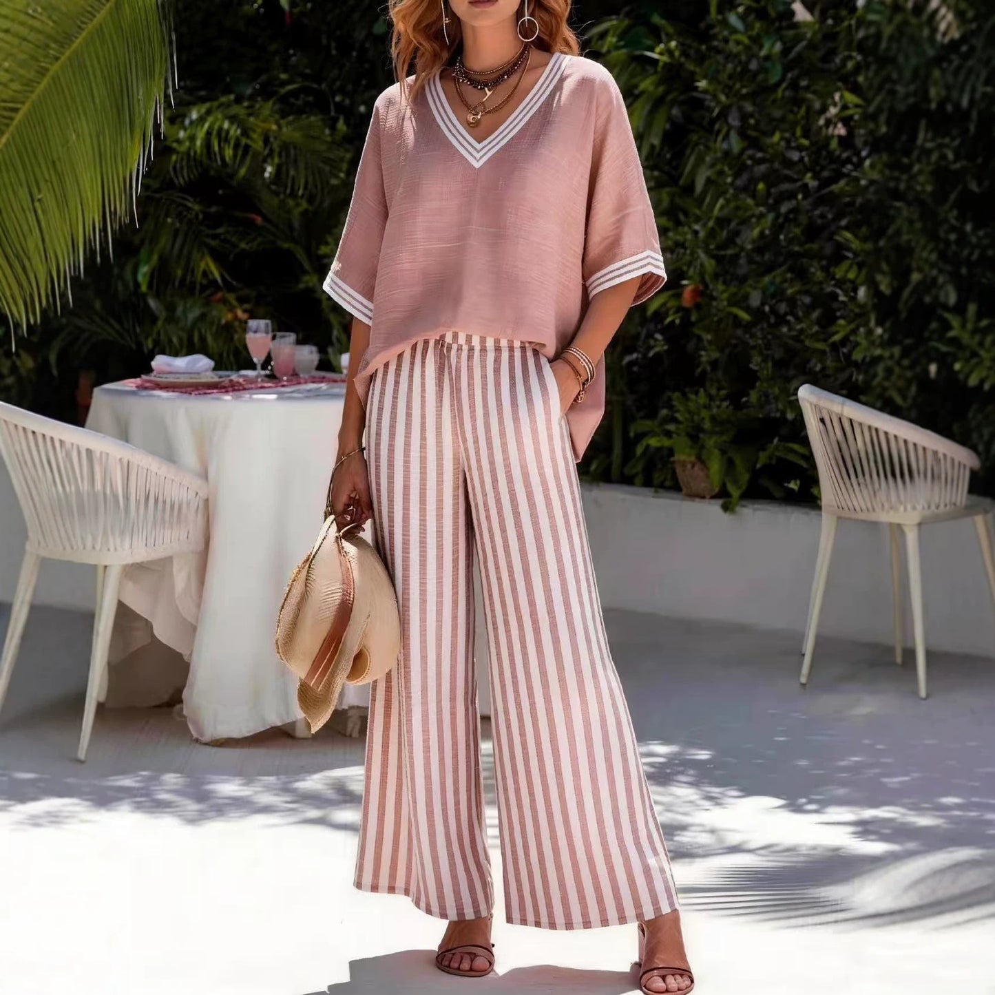 Women's Summer Cotton Linen Loose Sleeve Striped Two Fashion Casual Suit