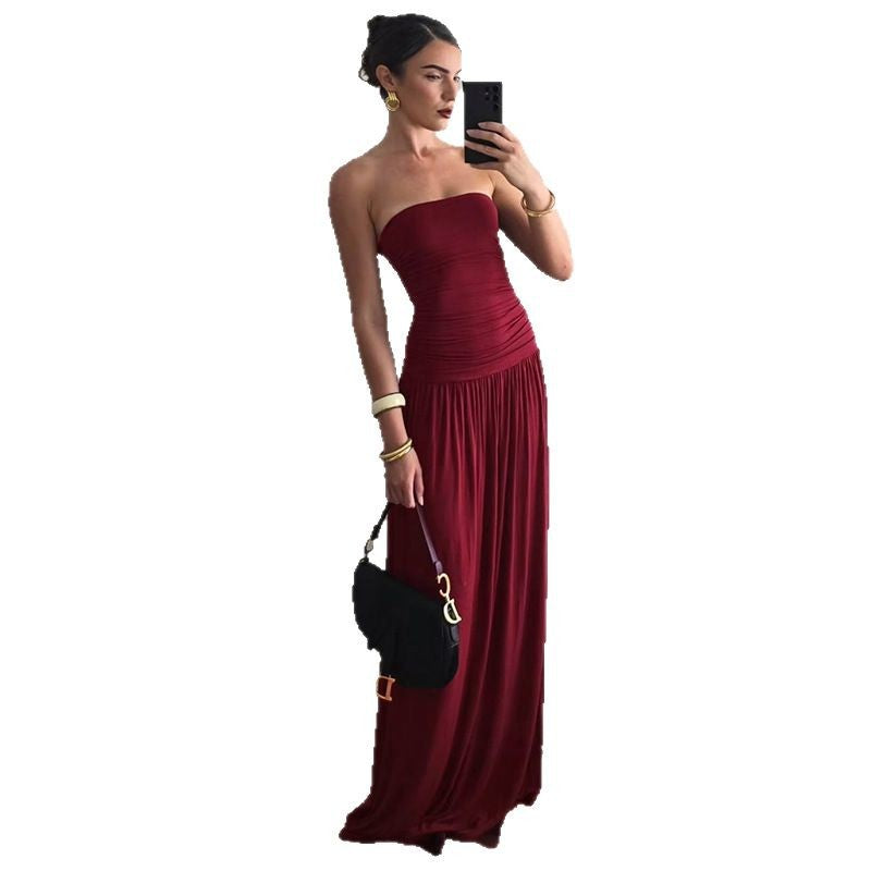 Women's Summer Sleeveless Sexy Tube Pleated Long Dress