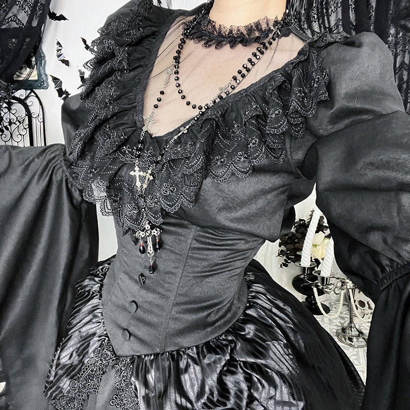 Autumn Lace Stitching Sleeves Ji Dark Style Lolita Slim Blouses