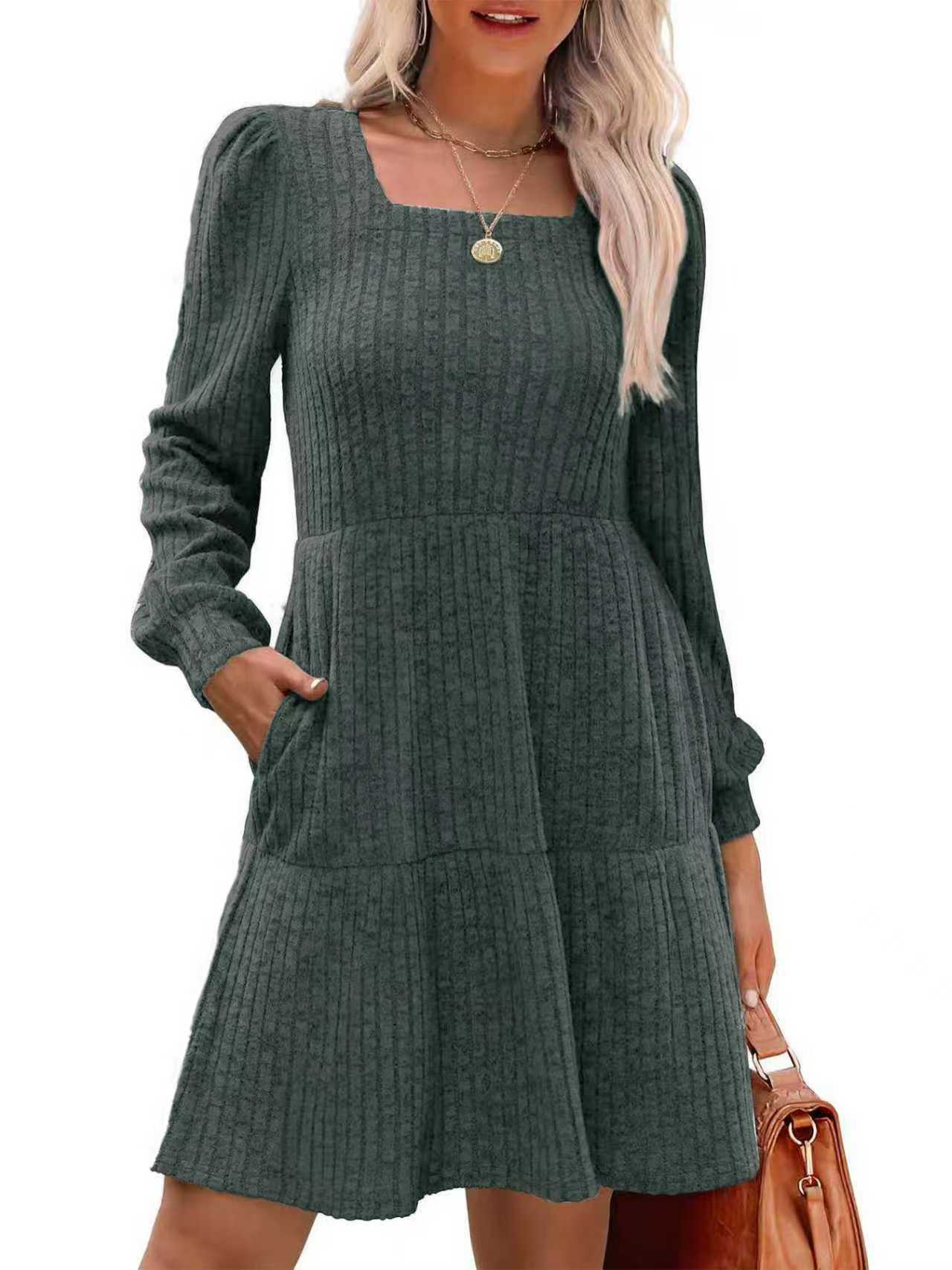 Square Collar Sunken Stripe Knitted Pocket Skirts