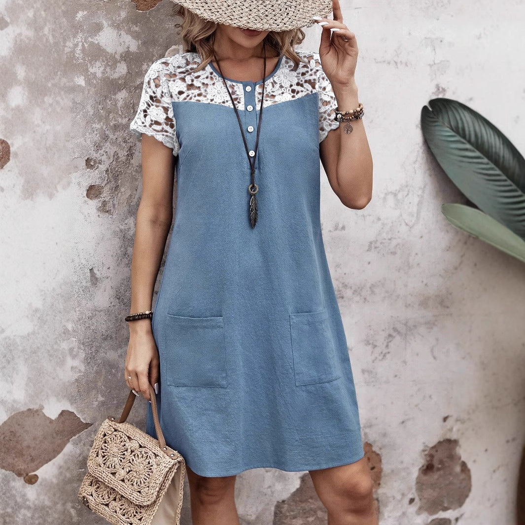 Women's Casual Loose Contrast Color Lace Patchwork Dress