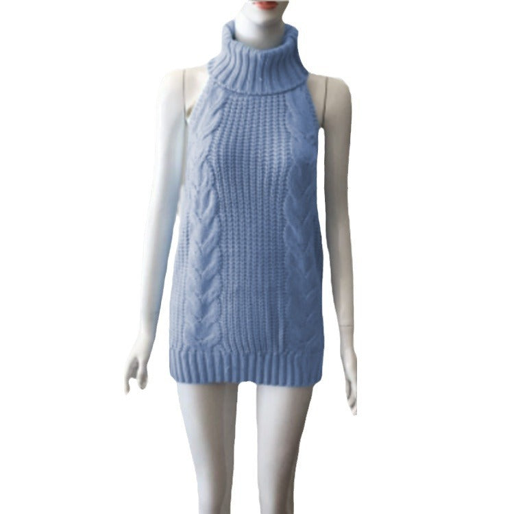 Spring Sexy Backless Turtleneck Sleeveless Knitted Pullover Women's Sweater