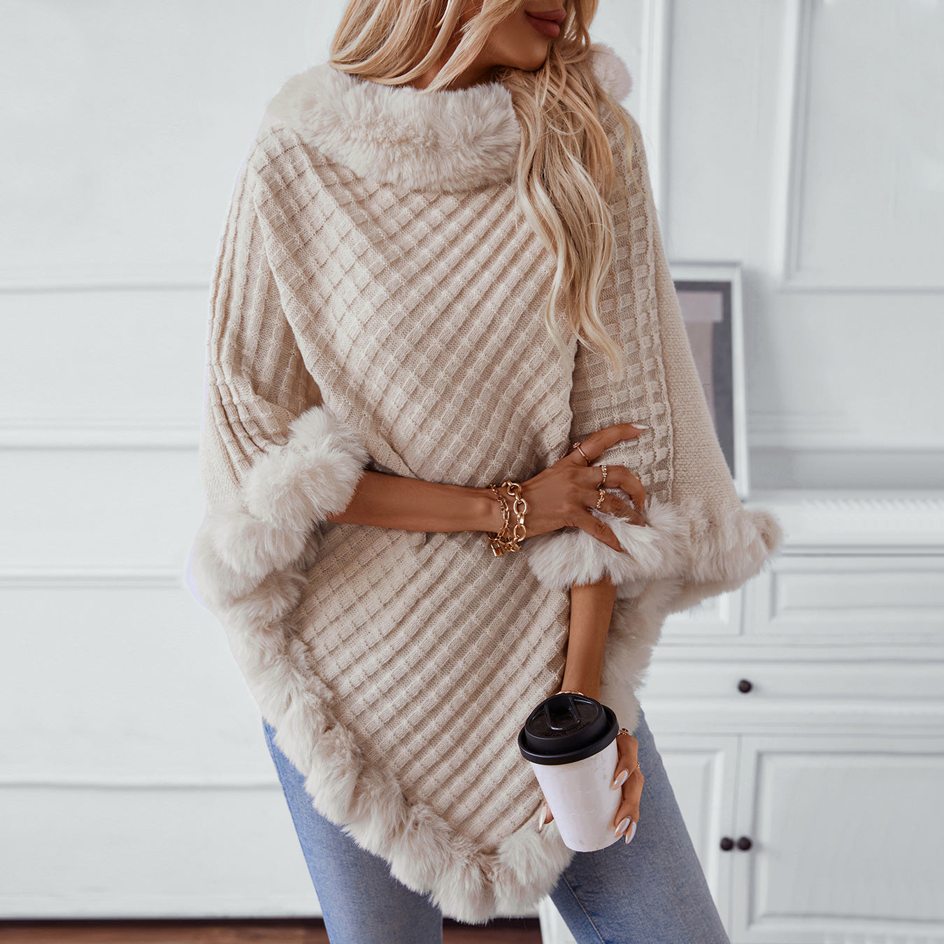 Women's Solid Color Fur Collar Pullover Thick Retro Plaid Women's Sweater
