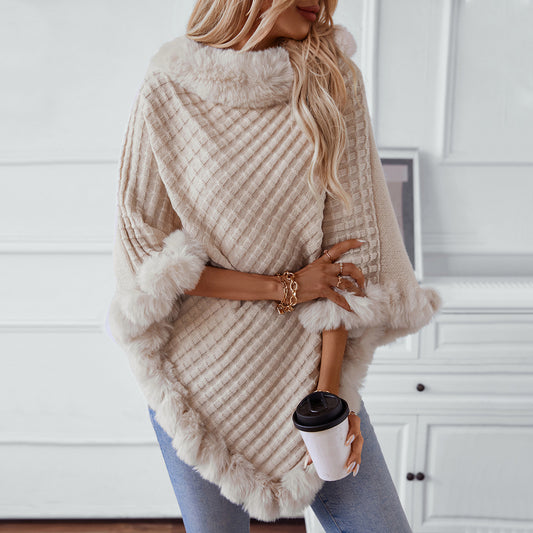 Women's Solid Color Fur Collar Pullover Thick Retro Plaid Women's Sweater