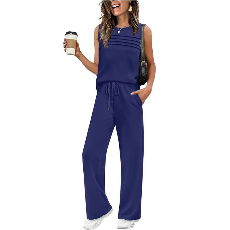 Trendy Glamorous Women's Pleated Two-piece Set Vests