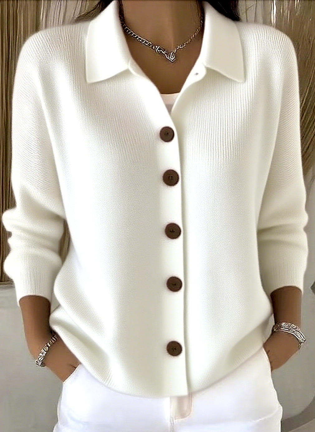 Women's Button Knitted Lapel Solid Color Casual Fashion Sweater