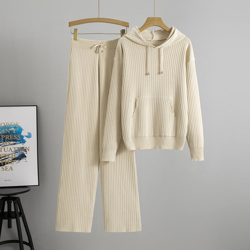 Women's Hooded Knitted Sunken Stripe Two-piece Fashion Casual Suit