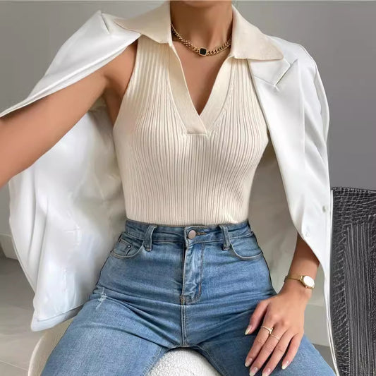 Women's Elegant Black Slimming Inner Collar Ice Tops