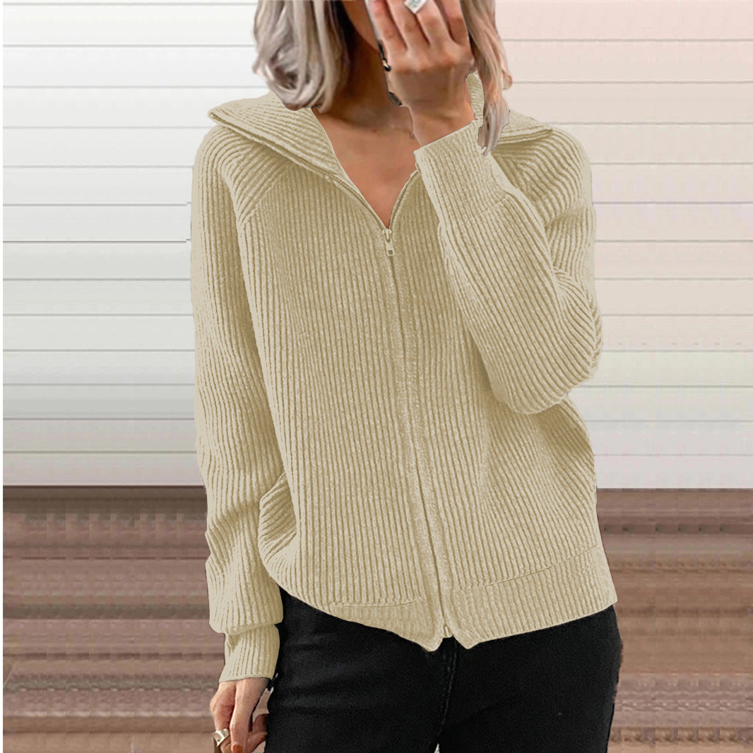 Women's Striped Casual Loose Zipper Long Sleeve Lapel Cardigans
