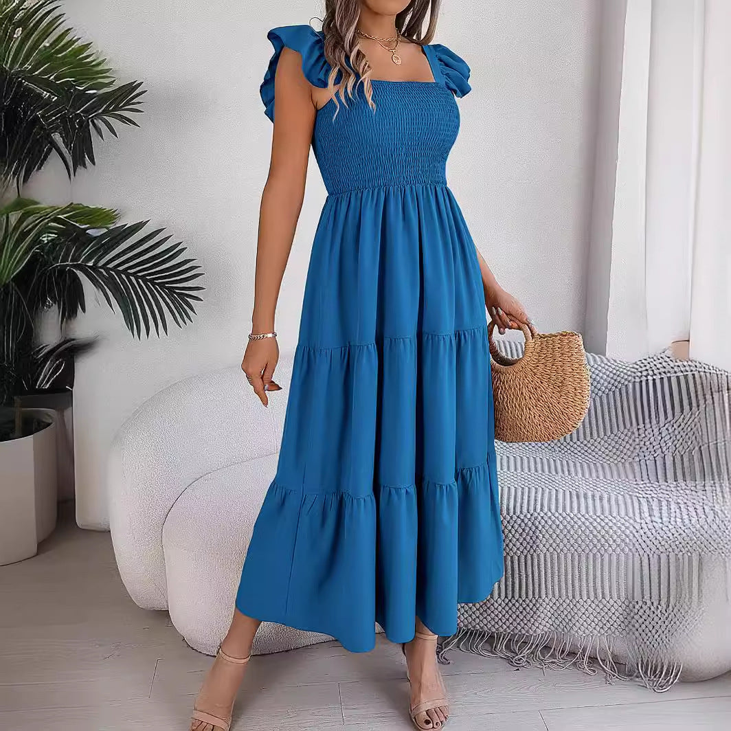 Women's Color Square Collar Wooden Ear Waist Dress