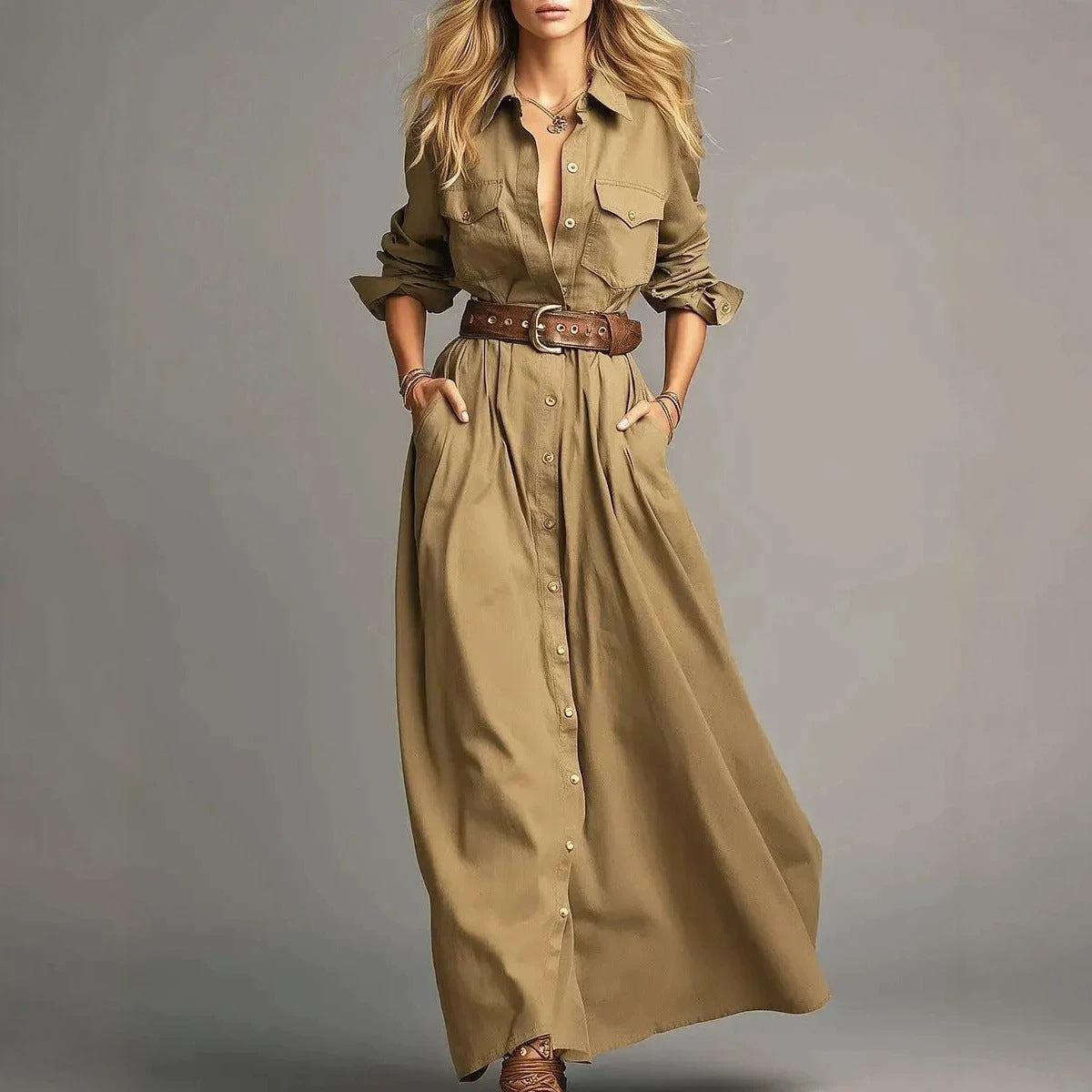 Women's Solid Color Elegant Long Shirt Button Dress