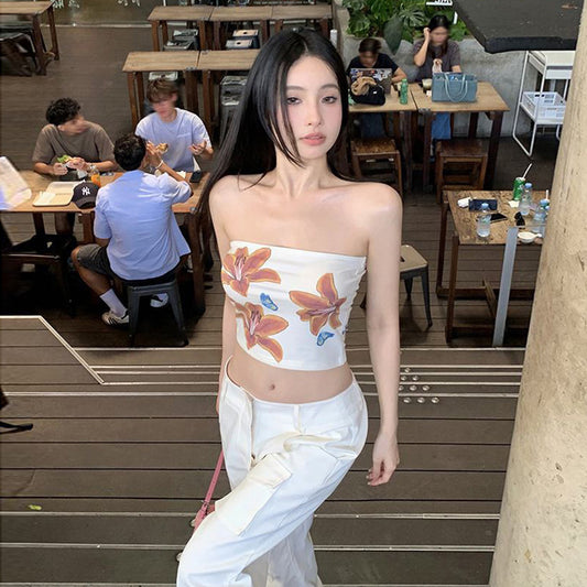 Women's Street Fashion Flower Printed Sexy Navel Tops