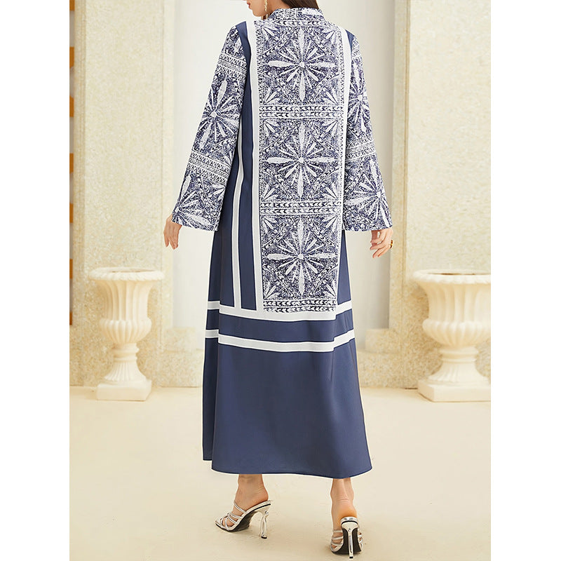 Women's Patchwork Contrast Color Retro Pattern Robe Dress