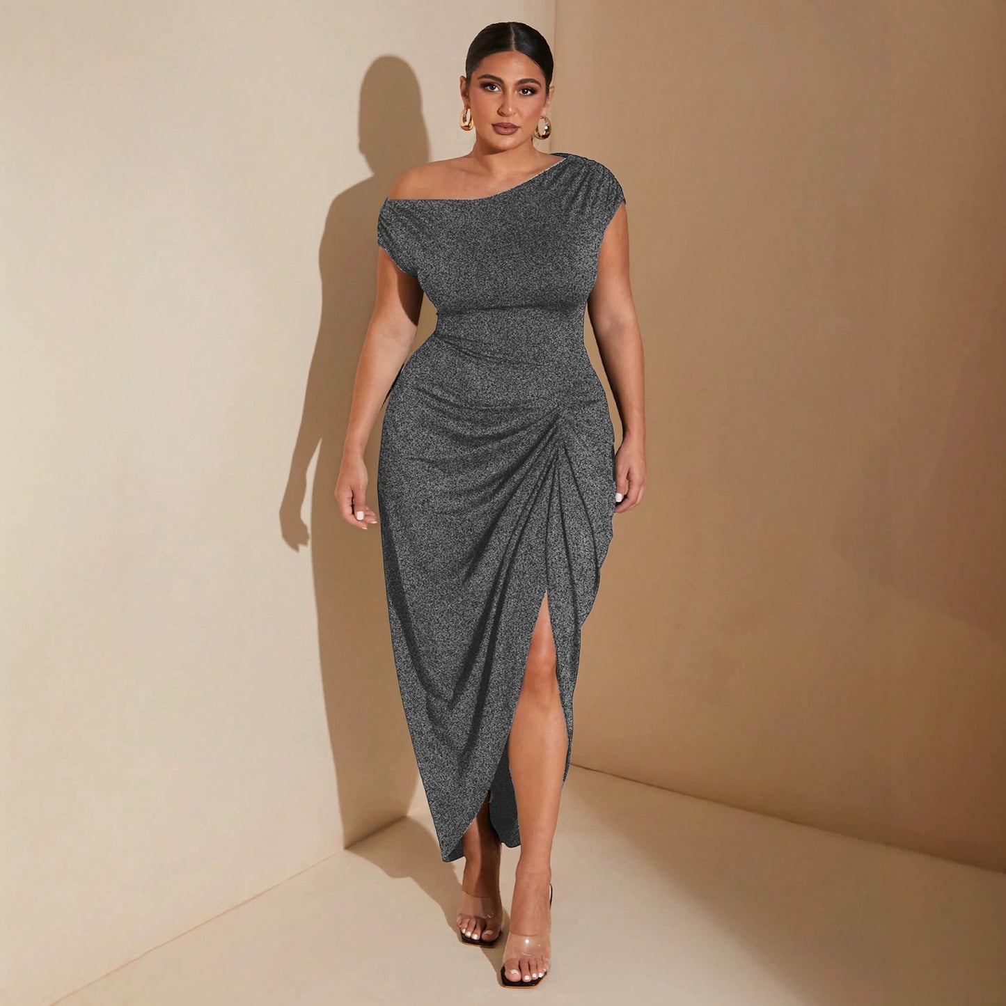 Women's Summer Solid Color Diagonal Collar Fitted Waist Pleated Dress
