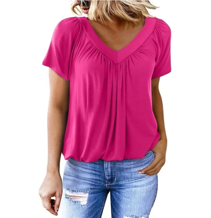 Women's Casual Pleated Solid Color Short-sleeved T-shirt Blouses