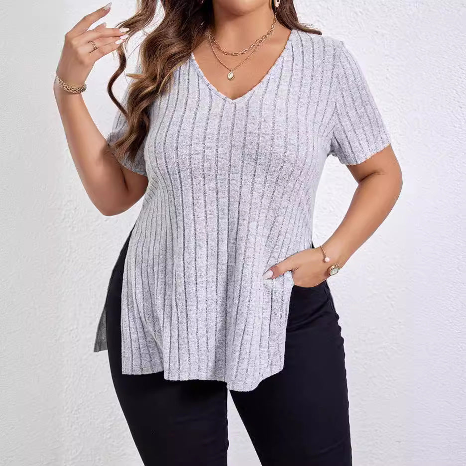 Women's Solid Color Short-sleeved Split Sunken Stripe Blouses